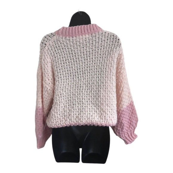 Shades of pink crochet waffle knit chunky cuffed sleeve sweater size large new - Picture 11 of 13